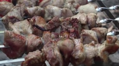 Yazın ateşte domuz rostosu ormanda piknik, barbekü, parkta ateşte et kızartma.