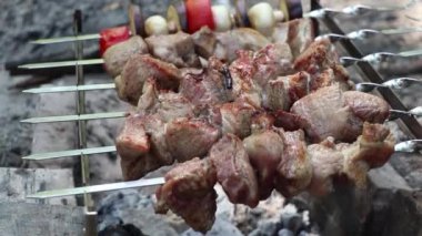 Yazın ateşte domuz rostosu ormanda piknik, barbekü, parkta ateşte et kızartma.