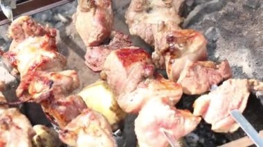 Yazın ateşte domuz rostosu ormanda piknik, barbekü, parkta ateşte et kızartma.