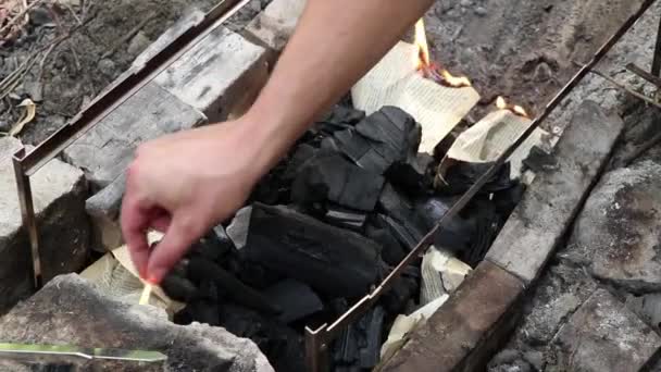 Hoguera Con Leña Bosque Llama Fuego Una Fogata Picnic Fuego — Vídeo de stock