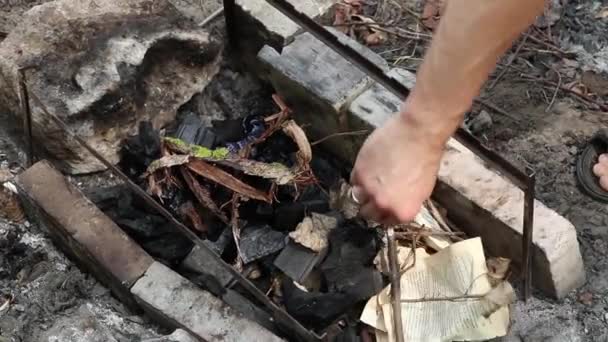Táborák Palivovým Dřívím Lese Požár Ohně Táborovém Ohni Pikniku Oheň — Stock video