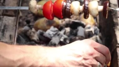 Sebzeli şiş kebap ateşte kızartılmış et, sebzeli kızarmış et tatilde ormanda ateşin üstünde.