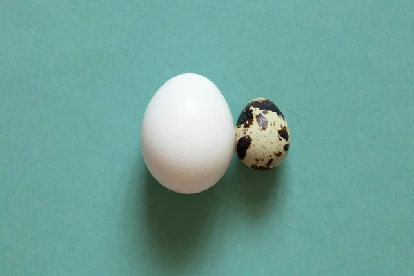 鸡蛋和鹌鹑蛋在绿色背景下的特写 鹌鹑蛋宏观照片 — 图库照片