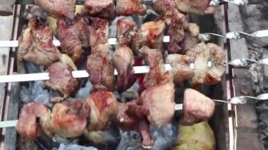 Sebzeli şiş kebap ateşte kızartılmış et, sebzeli kızarmış et tatilde ormanda ateşin üstünde.