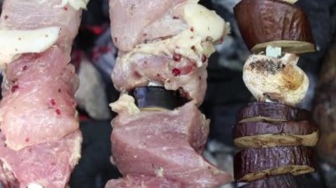 Sebzeli şiş kebap ateşte kızartılmış et, sebzeli kızarmış et tatilde ormanda ateşin üstünde.