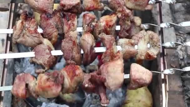 Dönerspieß Mit Gemüse Über Dem Feuer Braten Gebratenes Fleisch Mit — Stockvideo