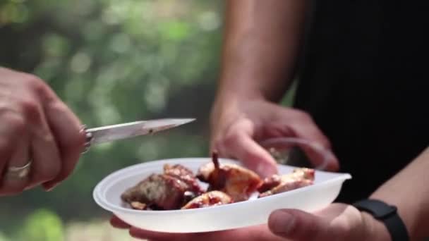 揚げたてのケバブは人の手の中のプラスチック板の上に並べられ屋外の皿の上の火の上に揚げ肉 皿の上の魚ケバブ — ストック動画