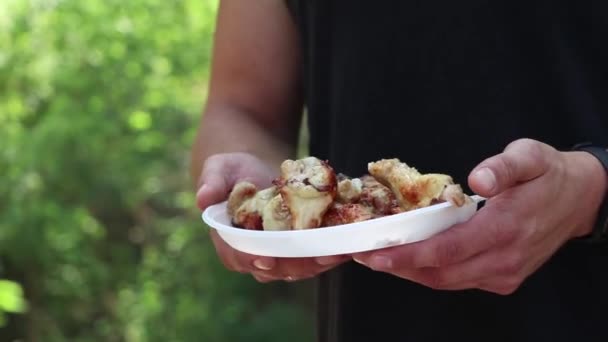 Shish Kebab Goreng Akan Diletakkan Piring Plastik Tangan Seorang Pria — Stok Video