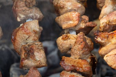 Ormanda ateşte kızartılmış şiş kebap şiş kebap, şiş kebap, et.