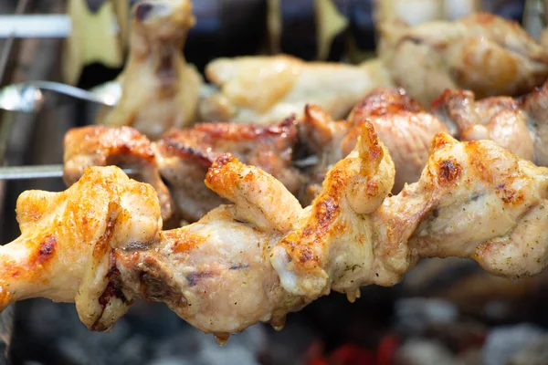 Spiedino Fritto Shish Fuoco Nella Foresta Picnic Spiedini Spiedino Arrosto — Foto Stock