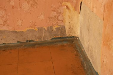 Ukrayna 'da yenilenmemiş eski bir Sovyet dairesi boş duvarlar ve yırtık duvar kağıtları yenilenmeden önce bir oda yenilenmemiş boş bir oda.