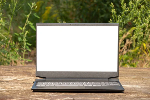 Laptop Mit Weißem Bildschirm Auf Holztisch Park Der Sonne Auf — Stockfoto