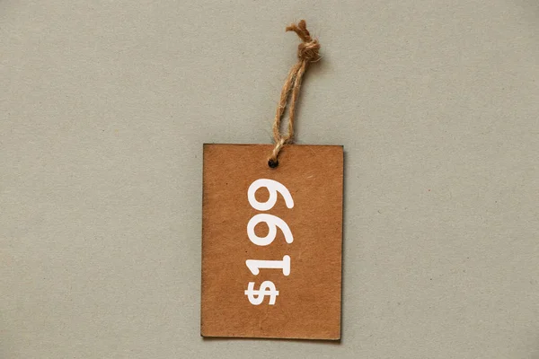 ロープの上の茶色の紙の価格タグ孤立した背景に 199価格タグ 価格タグ — ストック写真
