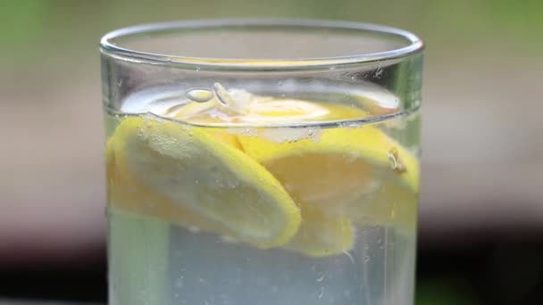 Limone Acqua Frizzante Bicchiere Tavolo Sole Acqua Con Limone Bevanda — Video Stock