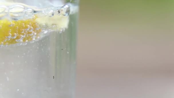 Citrom Pezsgő Vízben Egy Pohárban Asztalon Napon Víz Citrommal Ital — Stock videók
