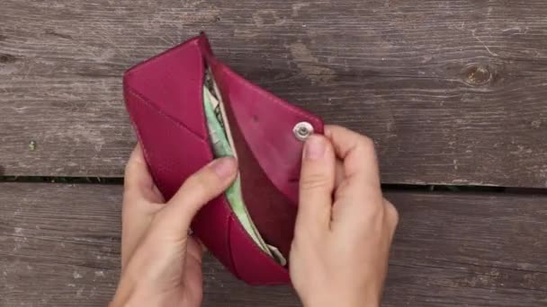 Vrouwelijke Hand Haalt Dollars Uit Portemonnee Telt Een Houten Achtergrond — Stockvideo