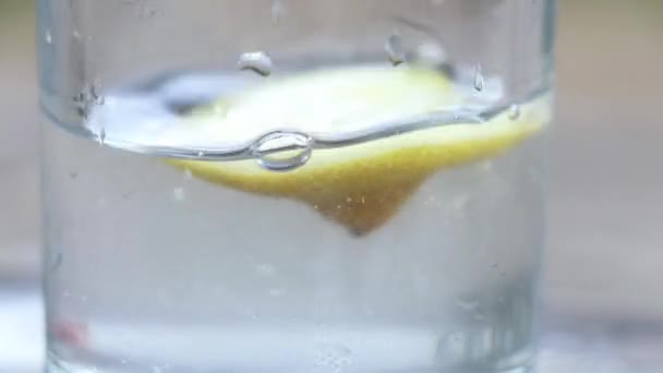Pezsgő Víz Szeletekkel Egy Üveg Közeli Videóban — Stock videók