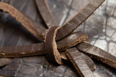 Erkeklerin makro fotoğraflarında düğümlü kahverengi deri dantel, ayakkabılarında deri bağcıklar.