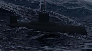 Karanlık, fırtınalı bir denizde üç boyutlu bir denizaltı modeli ve insansız bir deniz aracı bir hedefe saldırıyor. Modern donanma savaşı kavramı, keşif ve insansız hava aracı teknolojisi.