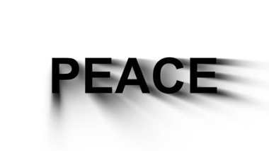 Barışın, savaşın, demokrasinin ve siyasi bir çağrının sembolü olarak yumuşak gölgeli beyaz bir arkaplanda siyah harflerle barış metni.