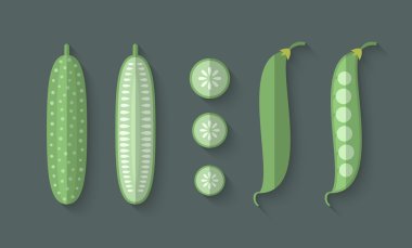 Sebze düz bir stil - salatalık ve kar bezelye bir dizi