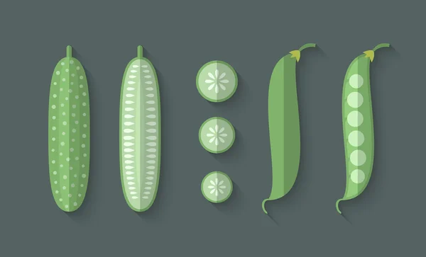 Seperangkat Vegetables in a Flat Style - Cucumber dan Snow Peas - Stok Vektor
