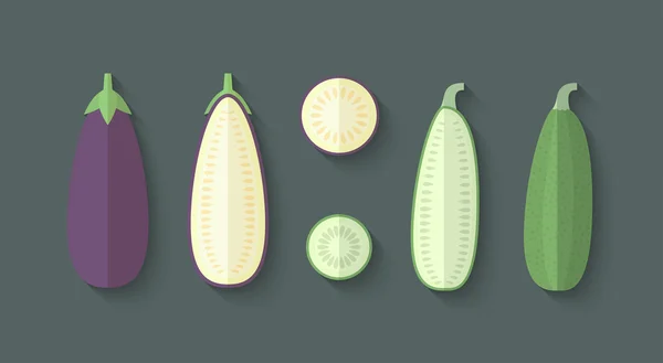 Seperangkat Vegetables in a Flat Style - terong dan Zucchini - Stok Vektor