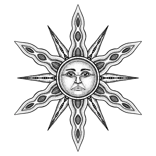 Alchemie symbool van zon - vectorillustratie gestileerd als Engravin — Stockvector