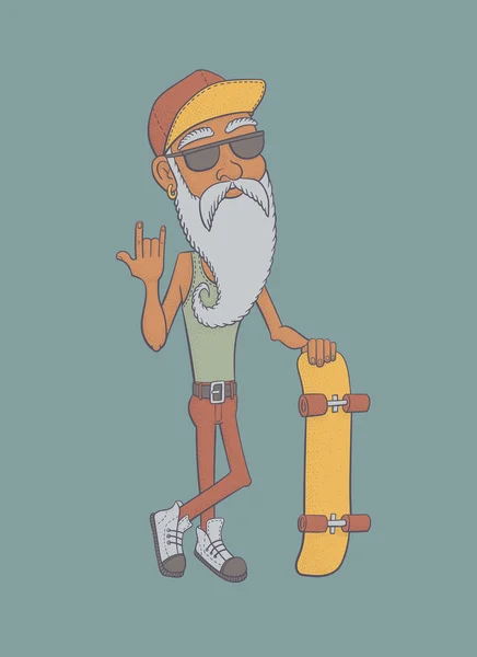 Bearded Old Man with Skateboard — Stock Vector