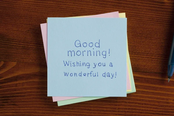 Good morning! handwritten on a note — Stock Photo, Image