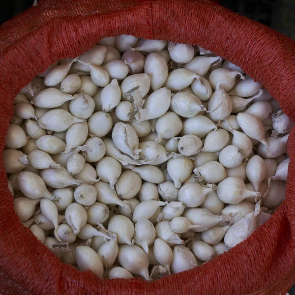 Yerel bir markette kırmızı çuvaldaki beyaz soğan soğanlarının yakın çekimi, seyahat ve gastronomi aşıkları için otantik gıda kültürünü vurguluyor.