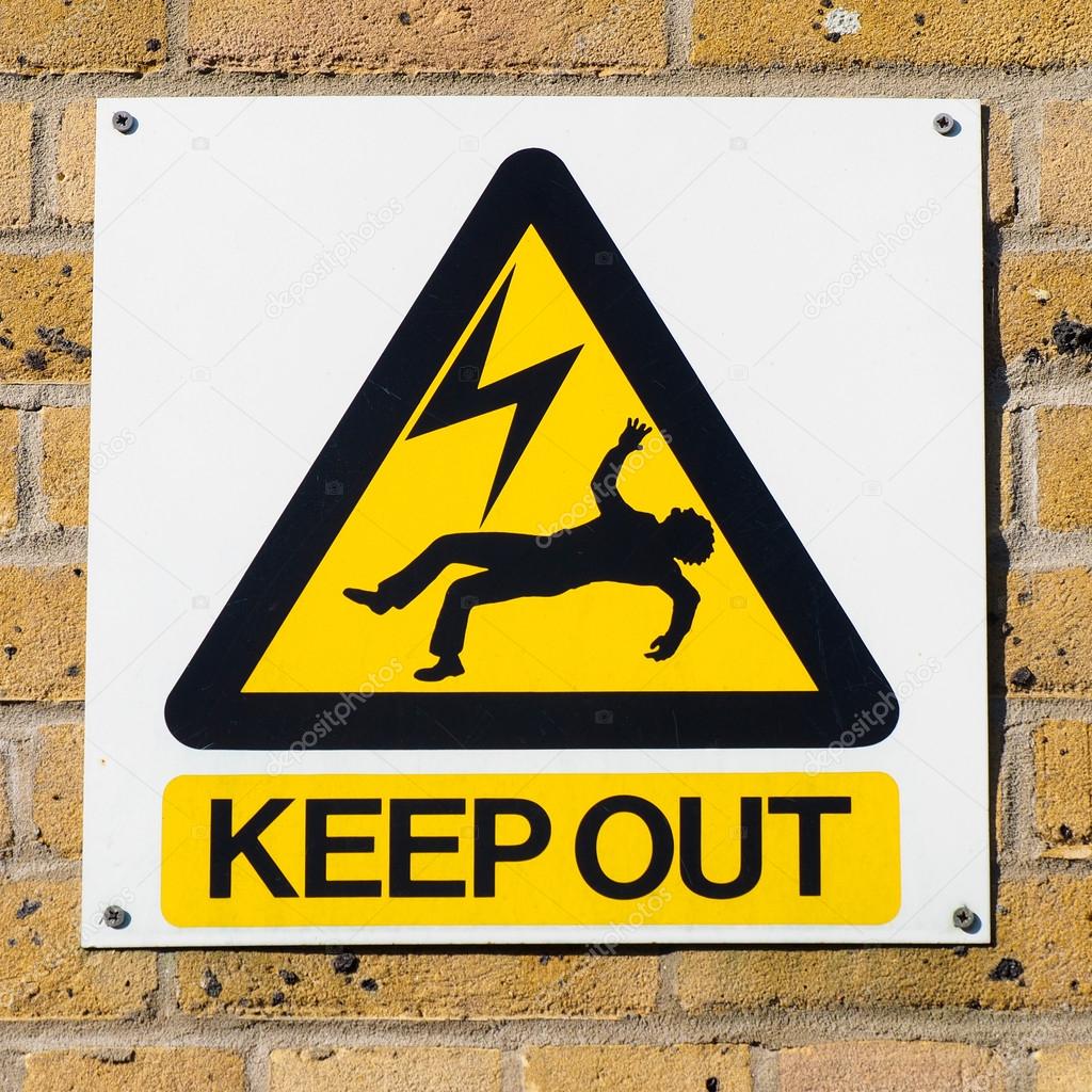 Electric shock death warning yellow sign on wall, squared