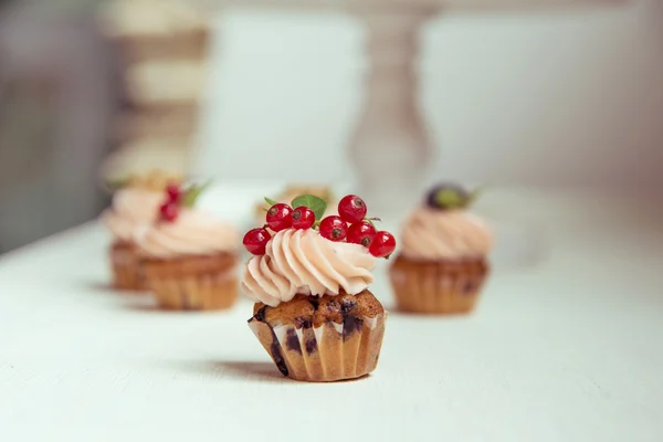 Cupcakes with blueberries, currants and cranberries. Muffins wit — Stock Photo, Image