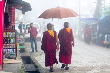 Kırmızı ve sarı elbiseli Bhuddist keşişler sisli insanlarda şemsiye tutuyorlardı. Hindistan 'ın Dharamshala Himachal Pradesh sokaklarını doldurdular.