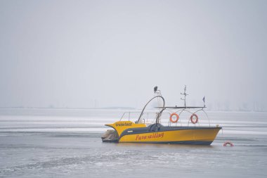Sis kaplı Dal Gölü 'nde, Jammu ve Kashmir' de kışın en soğuk kısmını gösteren su sporlarında kullanılan tekne.