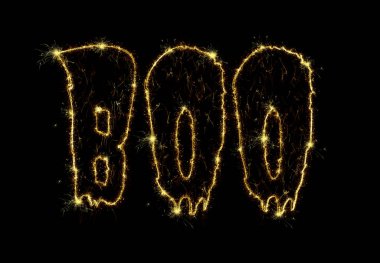Siyah arkaplanda parçacıklar ve kıvılcımlar olan BOO karşılama metni.