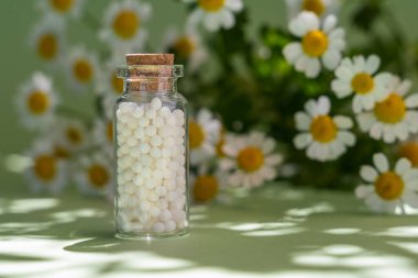 Classical homeopathy globules in vintage bottle on background of fresh chamomile flowers.
