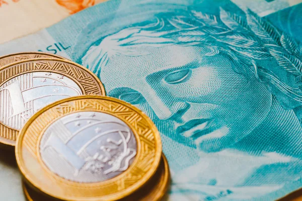 Бразильські Реальні Монети Золотими Тонами Бразильські Банкноти 100 Реалів Реальна — стокове фото