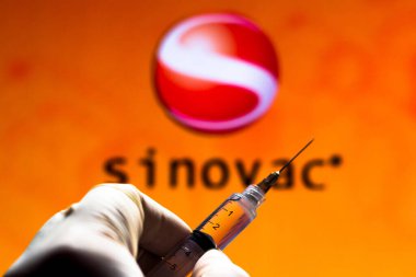 13 Kasım 2020, Brezilya. Bu resimde tıbbi şırınga (koronavirüs aşısı), arka planda bir ekranda Sinovac Biyoteknoloji şirketinin logosu gösteriliyor.