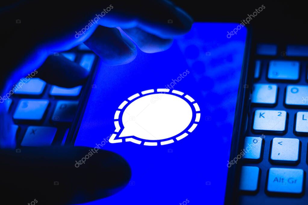 January 14, 2021, Brazil. In this photo illustration the Signal logo seen displayed on a smartphone screen