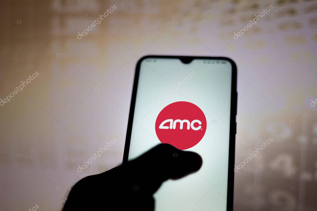 February 1, 2021, Brazil. In this photo illustration the AMC Entertainment Holdings logo seen displayed on a smartphone screen