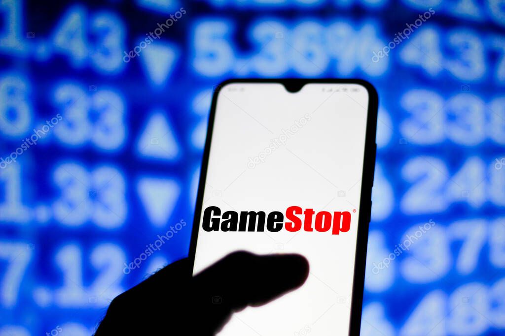 February 1, 2021, Brazil. In this photo illustration the GameStop logo seen displayed on a smartphone screen