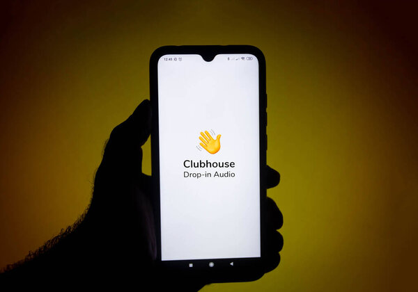 February 8, 2021, Brazil. In this photo illustration the Clubhouse logo seen displayed on a smartphone screen