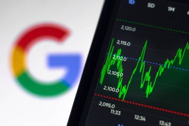 18 Şubat 2021, Brezilya. Bu fotoğraf illüstrasyonunda Google 'ın borsa bilgisi arka planda Google logosu olan bir akıllı telefonda görüntülenmiştir.