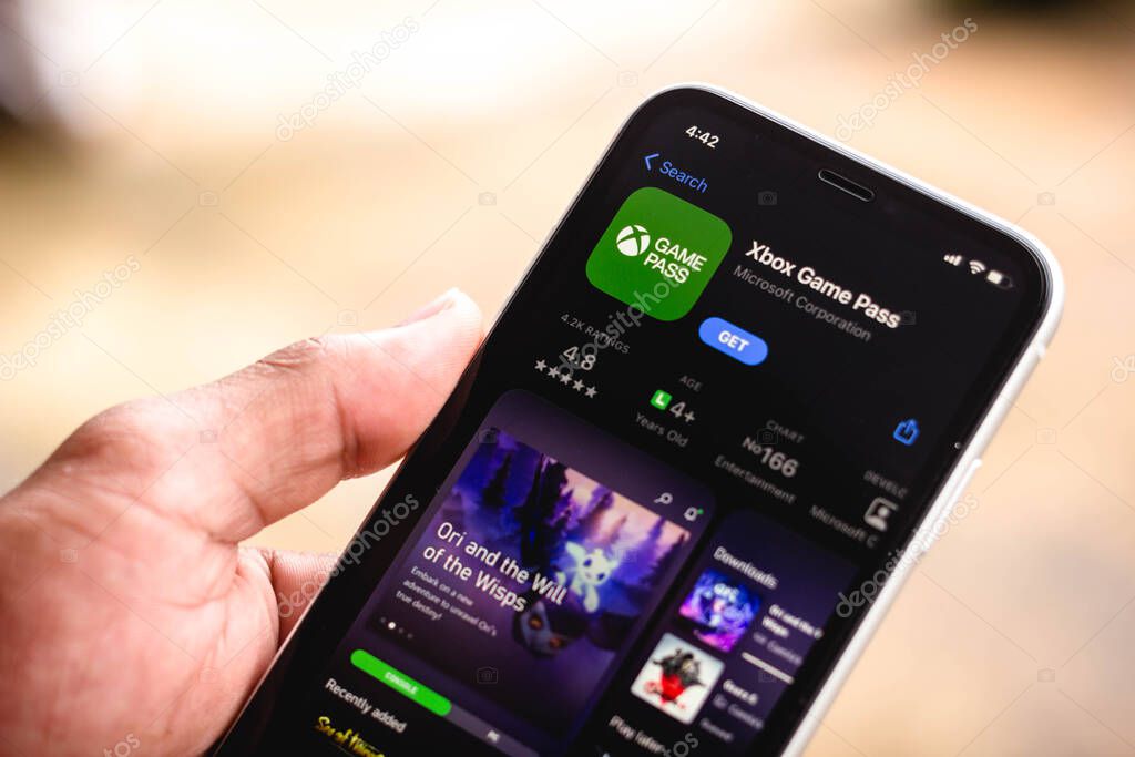 March 16, 2021, Brazil. In this photo illustration the Xbox Game Pass logo in App Store seen displayed on a smartphone screen