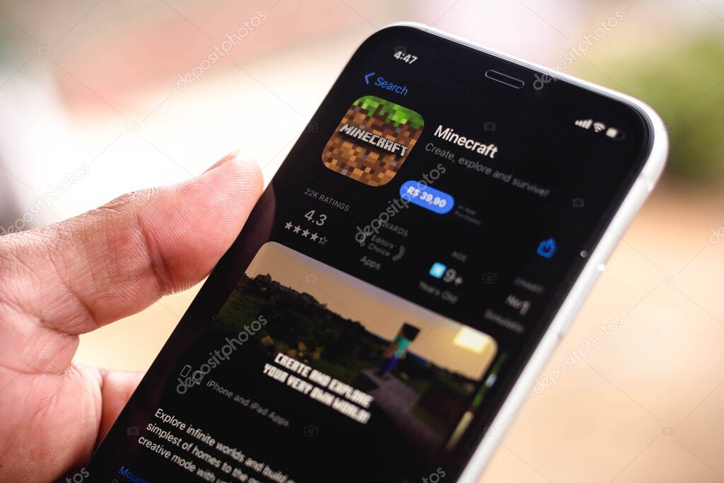 March 16, 2021, Brazil. In this photo illustration the Minecraft logo in App Store seen displayed on a smartphone screen