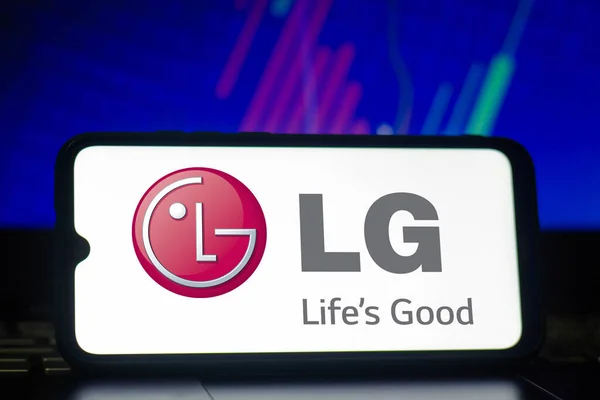 stock image March 22, 2021, Brazil. In this photo illustration a LG logo seen displayed on a smartphone