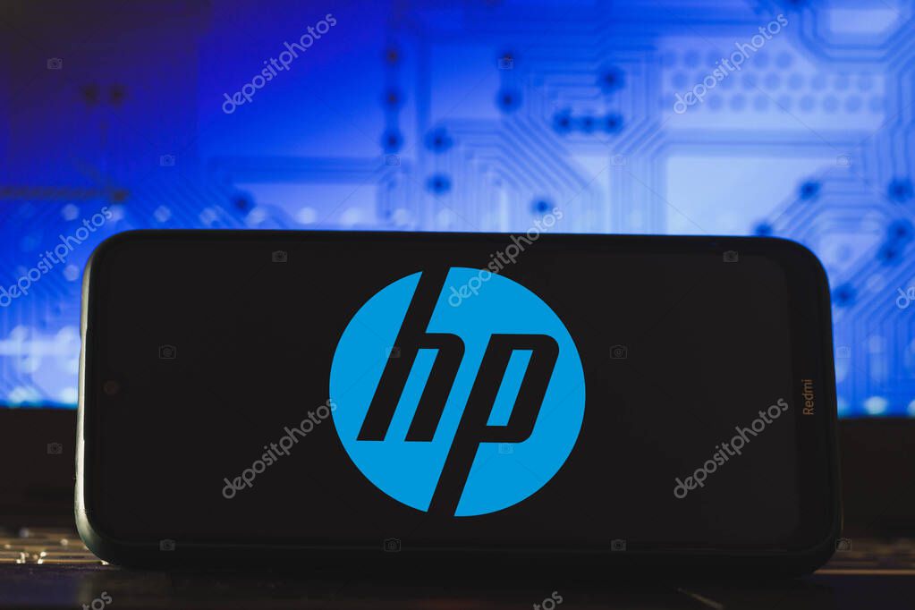 March 24, 2021, Brazil. In this photo illustration a Hewlett-Packard Company (HP) logo seen displayed on a smartphone