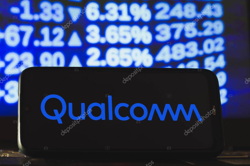 April 3, 2021, Brazil. In this photo illustration a Qualcomm logo seen displayed on a smartphone