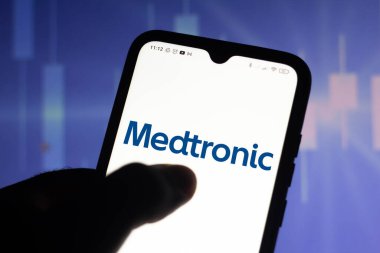 April 14, 2021, Brazil. In this photo illustration the Medtronic logo seen displayed on a smartphone screen clipart